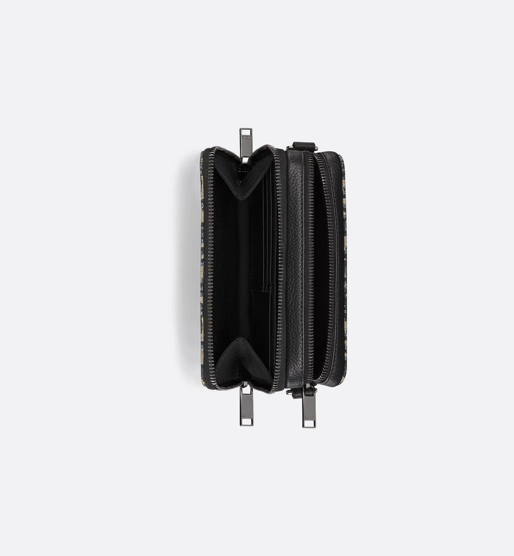 Pochette zippée à bandoulière Toile jacquard Dior Oblique noir