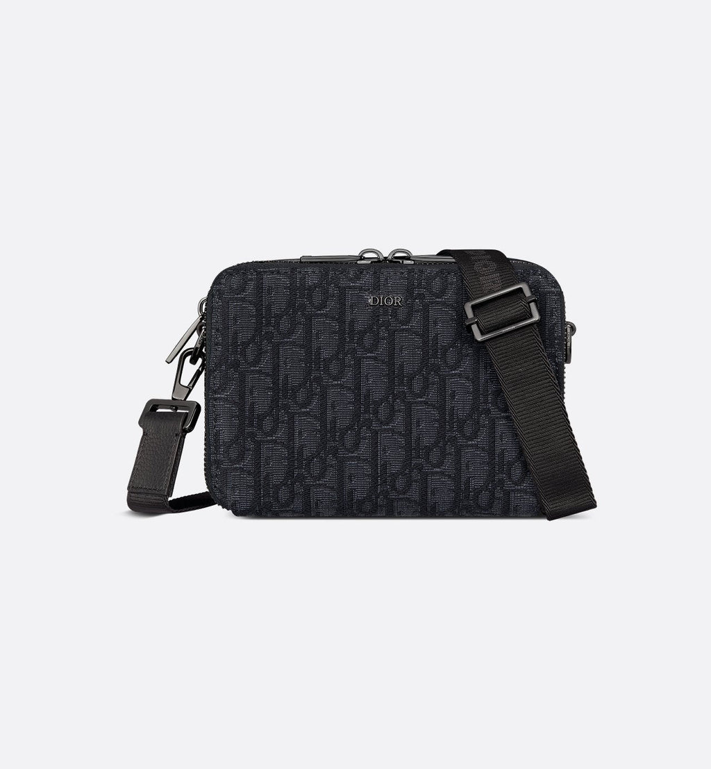 Pochette zippée à bandoulière Toile jacquard Dior Oblique noir