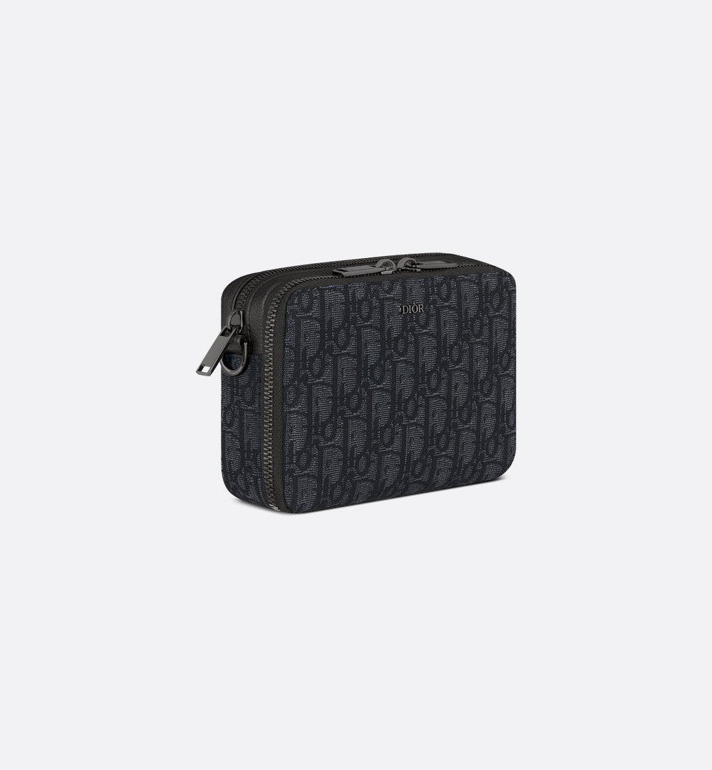 Pochette zippée à bandoulière Toile jacquard Dior Oblique noir